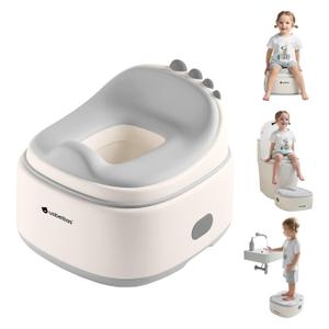3 in 1 Potty Training Toilet, Dinosaur Toddler Potty Training Seat for Boys Girls with Comfortable Cushion, Easy-to-Clean and Anti-Slip Potty Training Step Stool for Toilet (Grey)