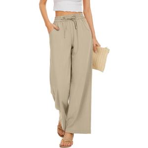 KICZOY Women Flowy Pants Drawstring Waist Wide Leg Palazzo Beach Pants Loose Fit with Pockets (Black, XL)