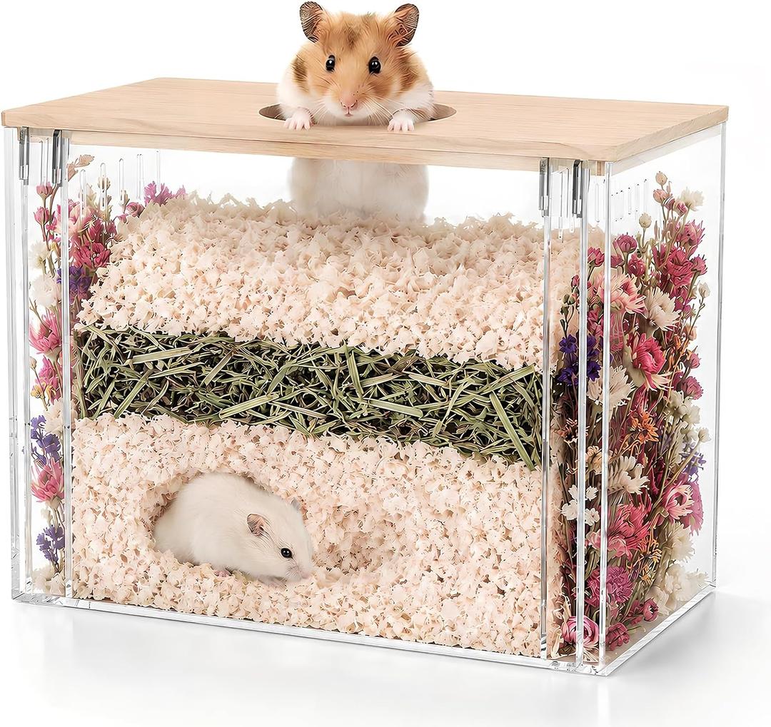 Fully Detachable Hamster Digging Box, Removable Acrylic Panels & Wooden Lid, Extra Deep Clear Panoramic Burrow, Dual-Side DIY Habitat, M Size for Syrian Hamsters, Gerbils, Degus