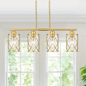 4-Light Kitchen Island Lighting, Modern Brushed Gold Dining Room Light Fixtures with Clear Glass, Farmhouse Industrial Linear Chandelier Pendant Light with Adjustable Chain, CH9176BG-4IS