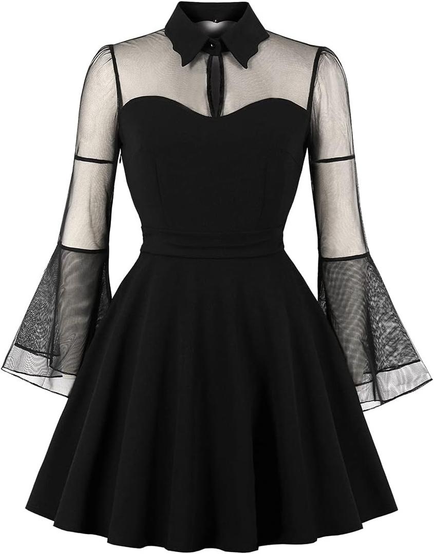 Women's Vintage Polka Dot 1950s Audrey Retro Rockabilly Prom Dress 50's 60's A-Line Cocktail Party Swing Dress (Black, S)