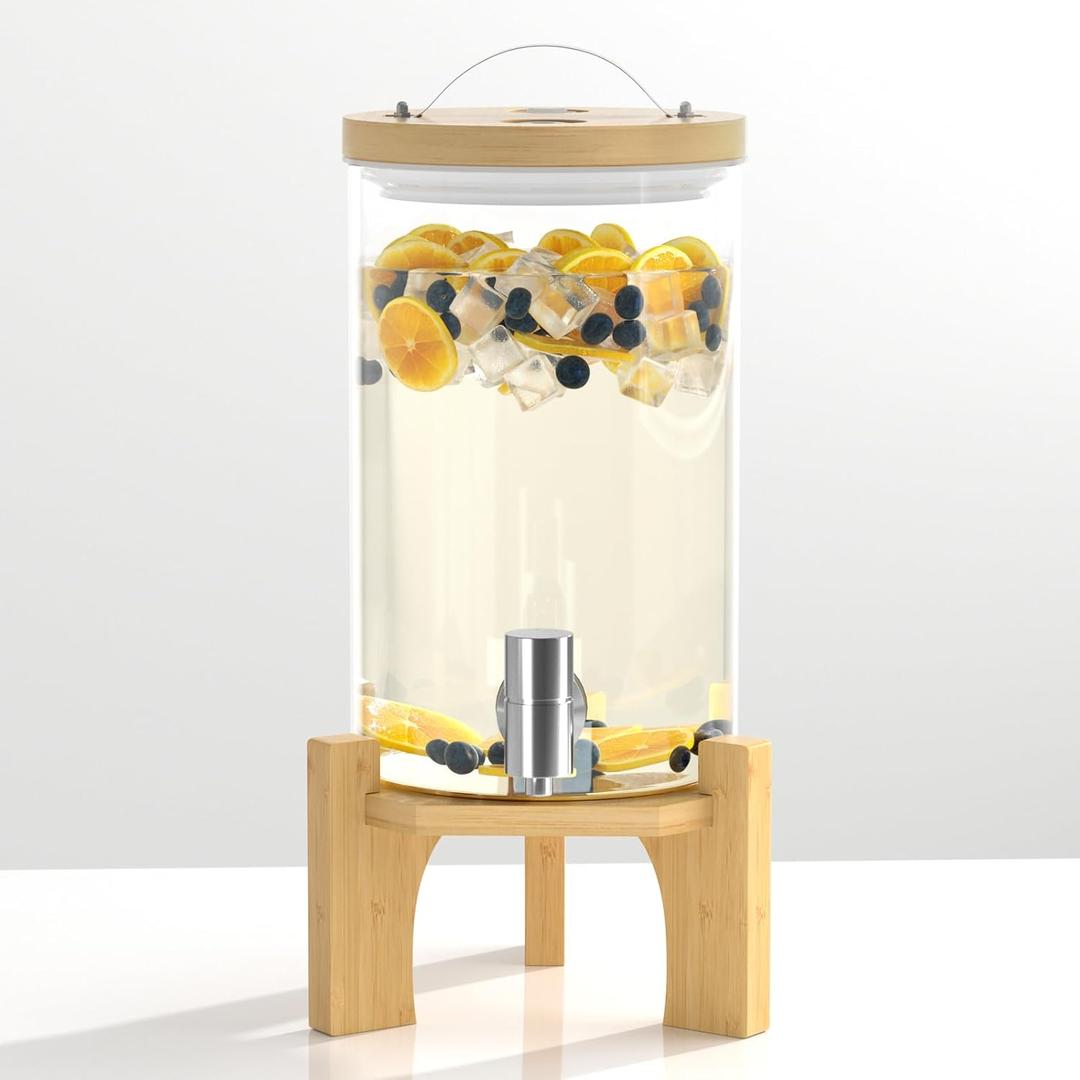 1 Gallon Glass Drink Dispenser For Parties, Beverage Dispenser With Bamboo Wood Stand And Stainless Steel Spigot, Countertop Water Dispenser, Lemonade Dispenser For Wedding, Picnic (1PACK)