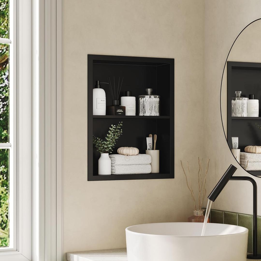 14"x18" Medicine Cabinet Recessed, Medicine Cabinet Without Mirror, 304 Stainless Steel Medicine Wall Niche with Double Shelves, Matte Black