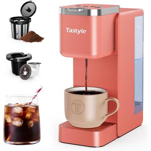 Tastyle Single Serve Coffee Maker, Iced and Hot Coffee Machine for K Cup & Grounds, Compact Design, 40oz Removable Water Reservoir, 6 to 24 Oz Brew Sizes, Fits 7.3" Travel Mug, Salmon