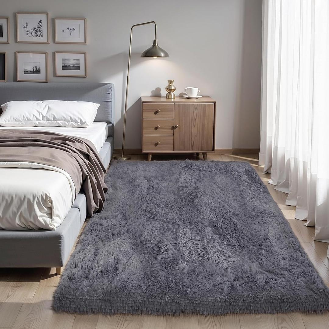 Thick Area Rug Grey Fluffy 4x6 for Bedroom Living Room Washable Plush Rug for Kids Baby Room Nursery Non Slip Soft Shag Cozy Shaggy Rugs for College Dorm Fuzzy Furry Floor Carpet