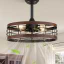 LEDIARY 18 inch Black Caged Ceiling Fan with Light, Bladeless Industrial Ceiling Fan with Remote, Farmhouse Fan Lights Ceiling Fixtures for Kitchen, Bedroom, Outdoor6 Speed, Timing-Walnut