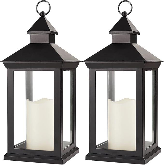 Bright Zeal 2Pack 14" Decorative Candle Lantern Black Outdoor Lanterns with Timer Candles  IP44 Waterproof Vintage Lanterns Battery Powered LED Decorative for Wedding  Warm White Hanging Wall