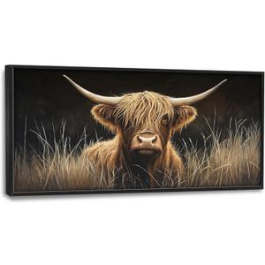 Large Highland cow Framed Wall Art Farmhouse Highland Cow Canvas Wall Decor Cattle Pictures Print Painting Artwork Modern Home Decorations for Living Room Bedroom Office 60 x 30 inch