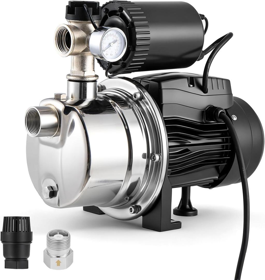 Hanchen 3/4 HP Shallow Well Pump with Pressure Tank, Automatic Booster System, Self-Priming Stainless Steel Jet Pump with Water Flow Switch Water Pressure Switch