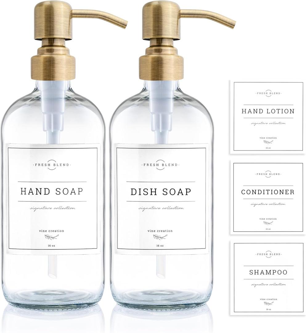 Vine Creations Clear Glass Soap Dispenser, 2 Pack Kitchen Soap Dispenser Set with Stainless Steel Pump, 16 oz Dish Soap and Hand Soap Dispensers for Bathroom with Waterproof Labels (Clear Bottle / Brushed Brass Pump)