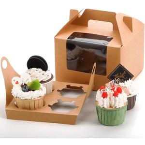 Jucoan 40 Pack Cupcake Boxes, 4 Count Kraft Paper Cupcake Carrier Holder Container with Window, Insert and Handle for Muffin, Gable Party Favor Treat Boxes for Wedding, Birthday, Mother's Day