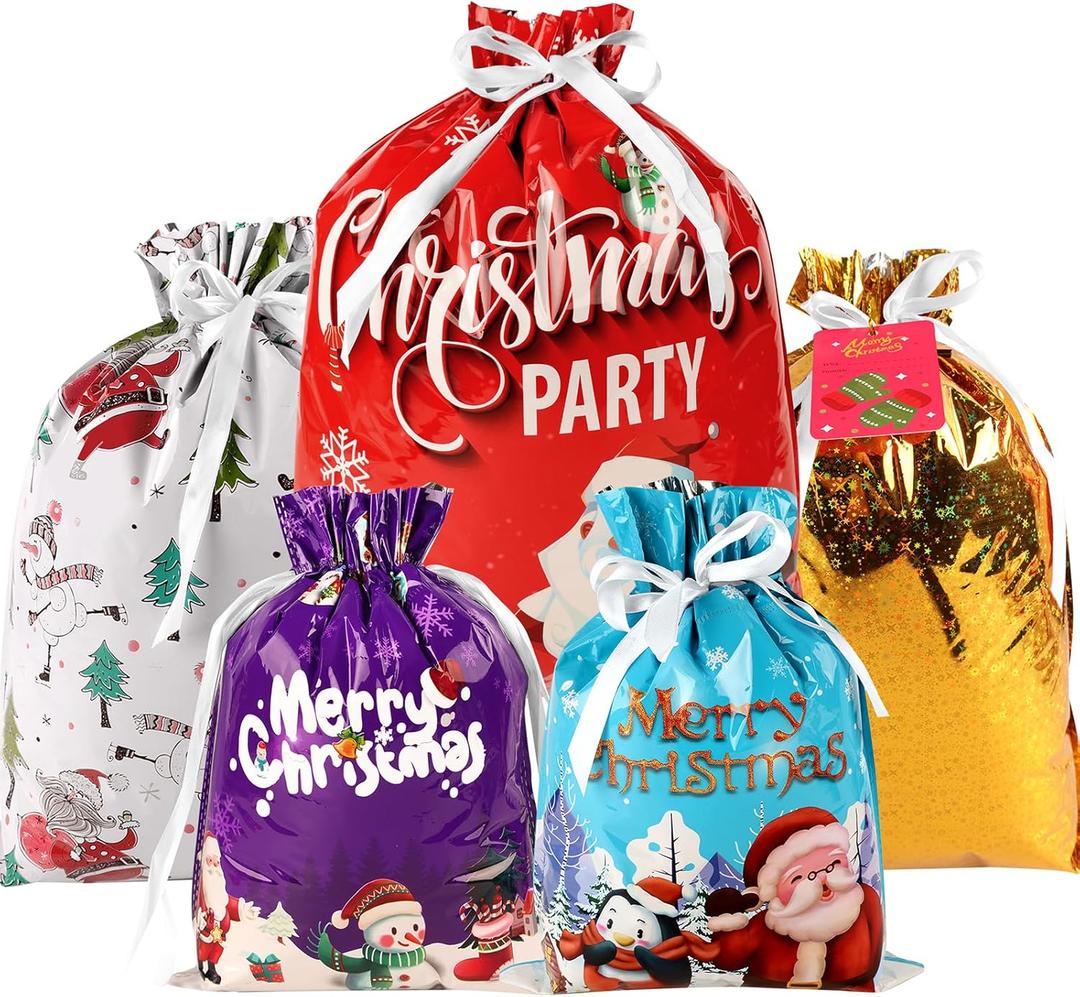 habgp 35 PCS Christmas Drawstring Gift Bags, Christmas Gift Bags with Tags & Ribbon Ties, Assorted Sizes for Xmas Holiday Present Wrapping & Festival Party Supplies Favor, Large Medium Small