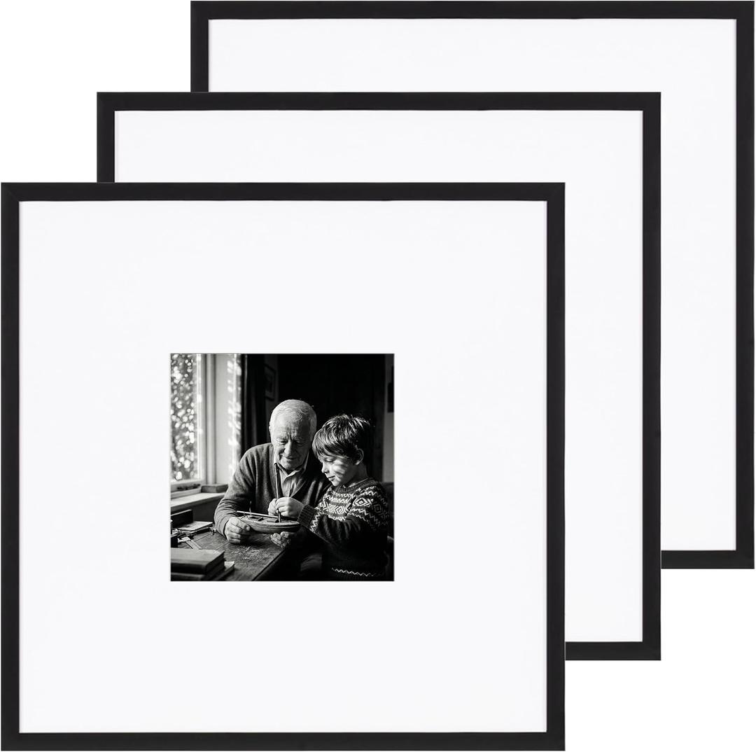 eletecpro Gallery Wall Frame Set of 3, 18x18 Inch Square Black Frames with 8x8 Mat, Scratch-Resistant Finish for Modern Home Decor