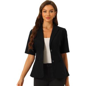 Allegra K Linen Blazer for Women Short Sleeve Cotton Lapel Collar Business Casual Blazer Jacket Spring Summer Outfits (Large)