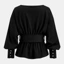 Burtell Boat Neck Long Sleeve Shirts Tops For Women Slim Fit Crew Neck Ruffle Pullover Sweatshirt Fall Peplum Tops with Belt (Black, M)