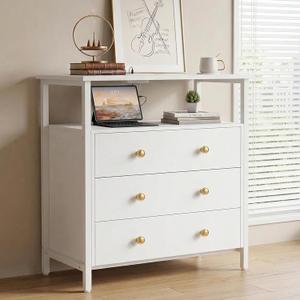 Edbuosy 3 Wooden Drawers Night Stand, 27 Inch Wide Nightstand with Charging Station and Adjustable Drawers, Small Dresser for Closet, Bedside Table for Living Room/Bedroom/Office, White