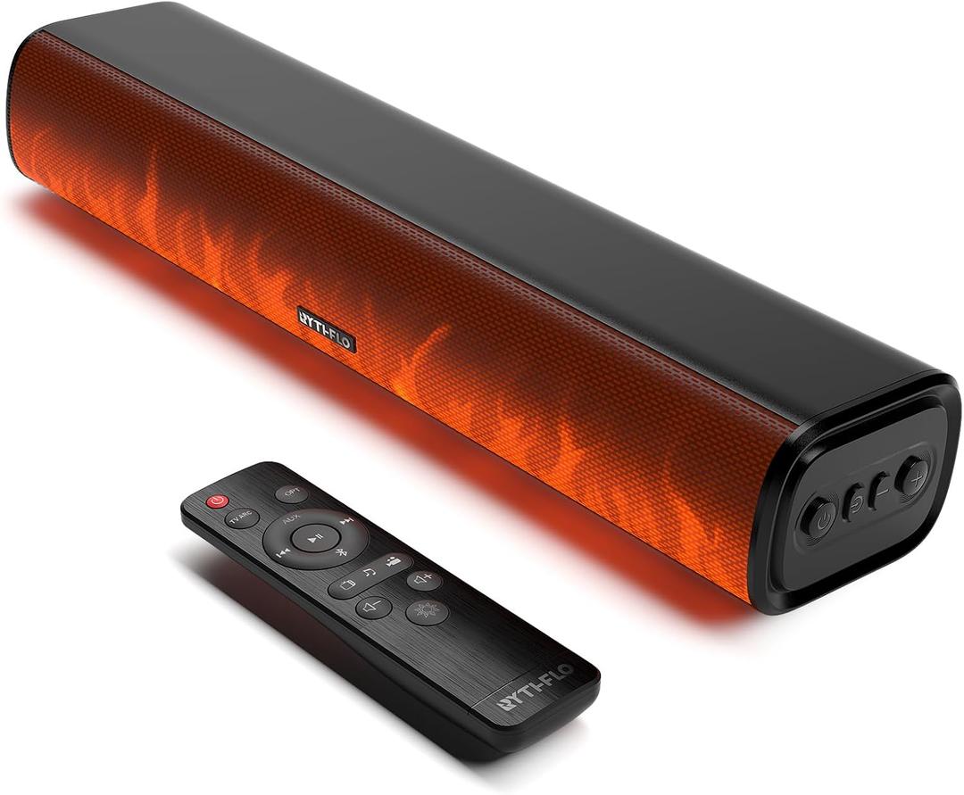 Rythflo 60W Bluetooth Sound Bar, 16 inch Compact TV Soundbar with Remote, 8 Flame Light Modes, Optical/ARC/AUX/RCA Connections, Wall-Mountable Home Theater Speaker for TV, PC, Projector, Gaming