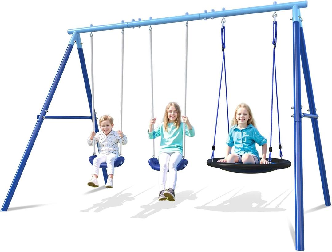 3-in-1 Swing Set for Backyard for Kids 3-8, 550lbs, Heavy Duty Metal A-Frame for Outdoor Playset, Two Blow-Molded Swing Seats and One 32-inch Saucer Swing for Kids Playground (Blue)