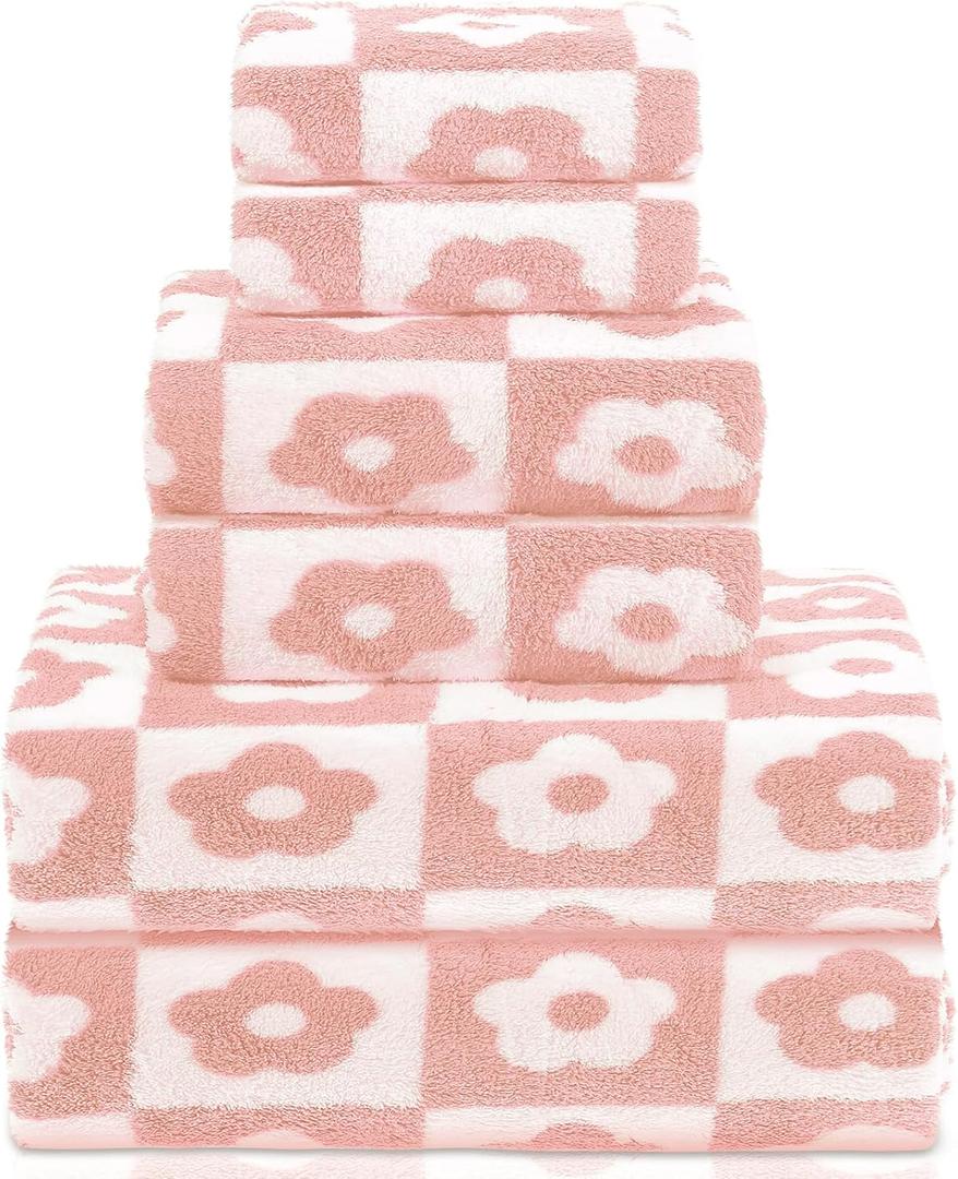 Kinlop 6 Pcs Checkered Bath Towels Set Coral Washcloth Soft Fleece Quick Dry Patterned Hand Towel for Bathroom Back to School Gym Spa Beach Accessories(Pink,Flower)