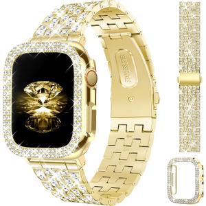 JR.DM Diamond Bands with Bling Case Women Compatible with Apple Watch 40mm Dressy Luxury Rhinestone Jewelry Metal Bracelet Wristband with Protector Cover for iWatch Series 6/ 5/ 4/ SE Gold