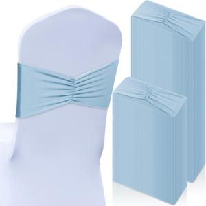 Moukeren 100 Pcs Spandex Chair Sashes Bows Bands Slider Sashes for Chair Covers Elastic Bands Ties Ribbon Decorations for Wedding Party Events Ceremony Birthday Banquet(Sky Blue)