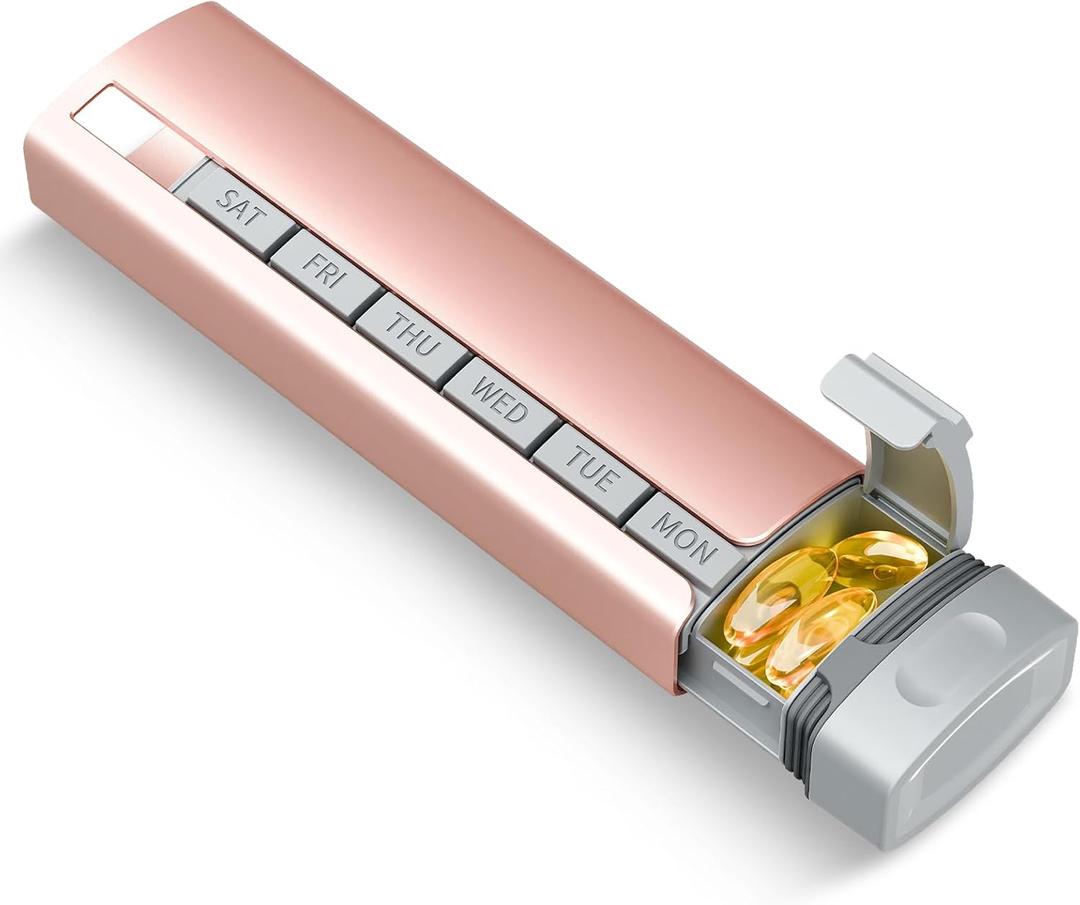 Travel Pill Organizer Weekly, 1 Time a Day Upgrade Premium Aluminum Alloy Daily Pill Box 7 Day, Portable Metal Pill Case, Cute Pill Holder to Hold Vitamins, Medicines, Pills, Supplements (Pink)