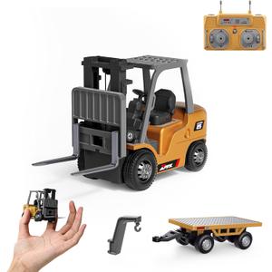 BRRRRT 1/64 Full Proportional RC Forklift Toy,8 Channel 2 Mode Mini Remote Control Forklift Truck with Flatbed Tow Truck,2 in 1 Transformable Lift Fork & Hook with Rechargeable Battery for 4+ Kids