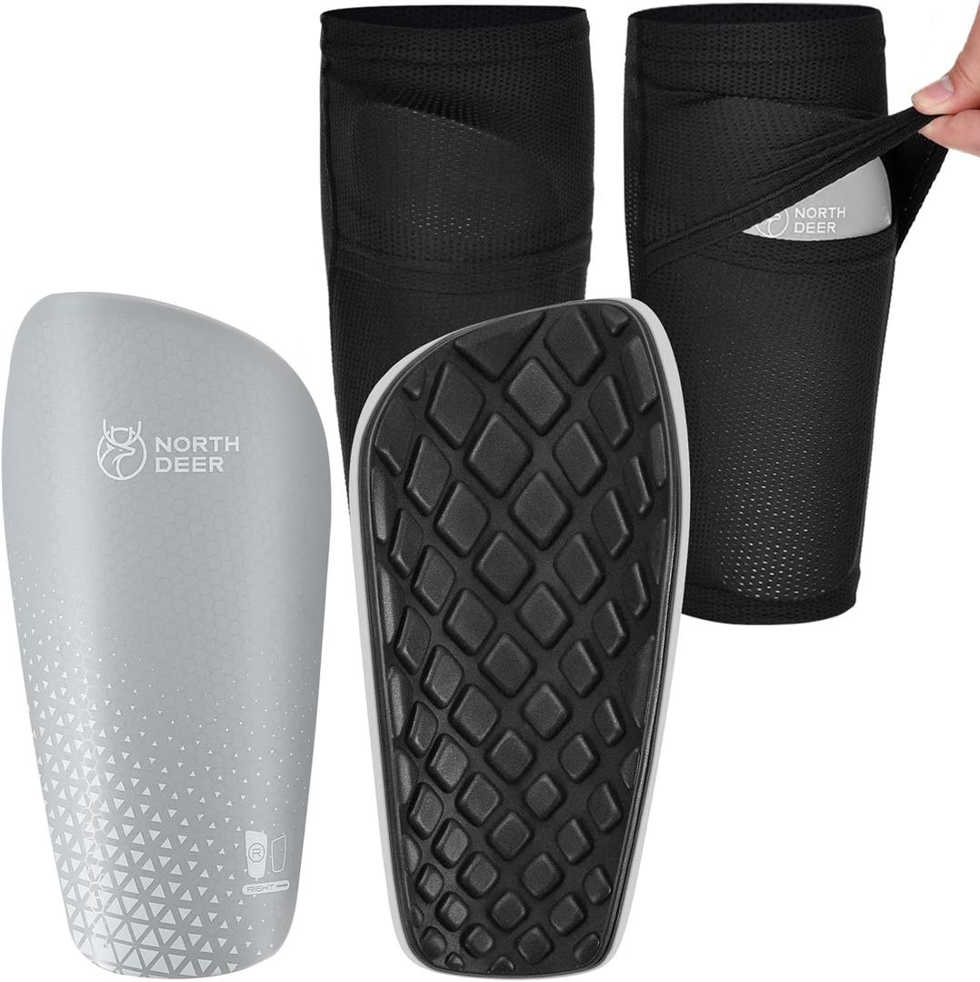 Northdeer Soccer Shin Guards for Kids Adults. Sleeves with Optimized Insert Pocket - Protective Soccer for Boys Girls Men (M (4'7"-5'3"), Shin Pads 1 Pair + Sleeves 1 Pair, Grey)