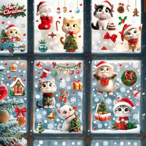 2 x 9 Sheets Christmas Cats Window Clings Reusable Cats Animal Xmas Tree Window Decals Double Side Printed Window Stickers Glass Door Home Party Supplies Showcase Decoration (Skjd2340)