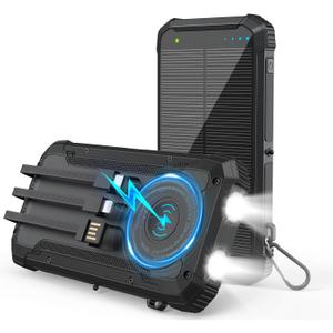 Solar Power Bank 20000mAh Wireless Portable Charger Built-in 3 Cables 15W USB-C Fast Charging Black Battery Pack Compatible with iPhone, Samsung, Emergency LED Flashlights Perfect for Camping, Hiking