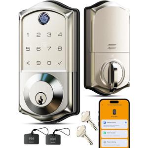 Veise VE017 Fingerprint Smart Door Lock, App Control, 7-in-1 Keyless Entry, Auto Lock, Emergency Power Port, Electronic Touchscreen Keypad, Biometric Smart Locks for Front Door, Satin Nickel