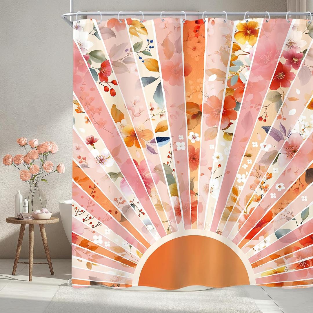 2 x Newsely Boho Sun 70s Shower Curtain 60Wx72L Inch Retro Abstract Colorful Rainbow Sunrise Sunset Floral Cute Vintage Bathroom Set Modern Groovy Waterproof Bath Decoration Accessories Home Decor