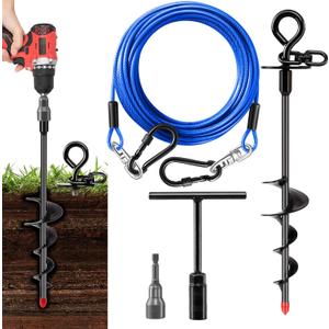 Heavy Duty Dog Tie Out Cable and Stake,16FT Rust Proof Dog Leads Tether for Yard with Swivel Hook,360Swivel Spiral Dog Stake&Chain Up to 200 lbs,Removable Ground Anchor for Outdoor Beach Camping (Black)