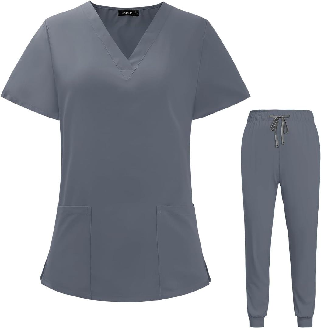 VIAOLI Scrubs for Women Set V-Neck Pocket Top & Drawstring Jogger Scrub Pants Stretch Nursing Scrubs Set Uniform (Medium, Grey)