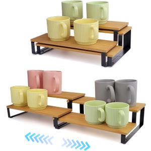 2-Tier Expandable Coffee Mug Holder for Cabinet, Black Metal & Bamboo Cup Organizer Rack, Kitchen Counter Shelf for Spices & Tea, Coffee Bar Accessories Storage, Sturdy Pantry Insert (Natural)
