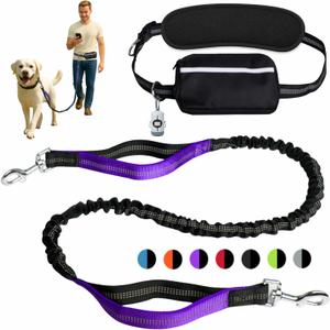 BJDQHKJ Hands-Free Dog Leash for Dogs up to 130 lbs  Heavy-Duty, Shock-Absorbing Bungee Leash with Zipper Pouch, Dual Padded Handles & Adjustable Waist Belt for Running & Walking  Bright Purple