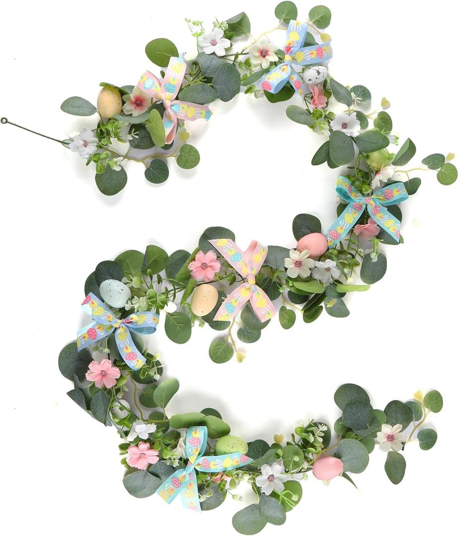 Easter Garland,6 FT Artificial Green Leaf Vine with Bows,Eggs,for Spring Holiday Party Home Decoration, Farmhouse Hanging Rustic Easter Garlands Decor