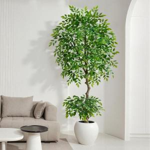 7ft Tall Ficus Artificial Trees with Double-Layered Canopy, Large Fake Floor Tree with Natural Curved Trunk, Lush Faux Silk Ficus Tree Indoor for Home Living Room Office Villa Patio Porch