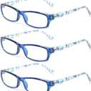 Kerecsen Reading Glasses 5 Pairs Fashion Ladies Readers Spring Hinge with Pattern Print Eyeglasses for Women (5 Pack Blue, 4.00)