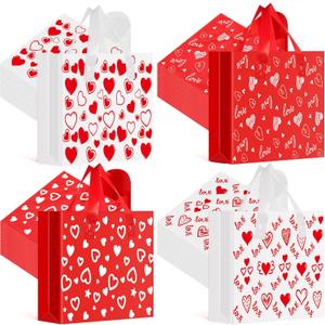 Tenceur 100 Pieces Heart Plastic Gift Bags Red and White Heart Large Shopping Bags with Handle 13'' x 10'' Treat Goodie Merchandise Tote Bulk for Holiday Party Supplies