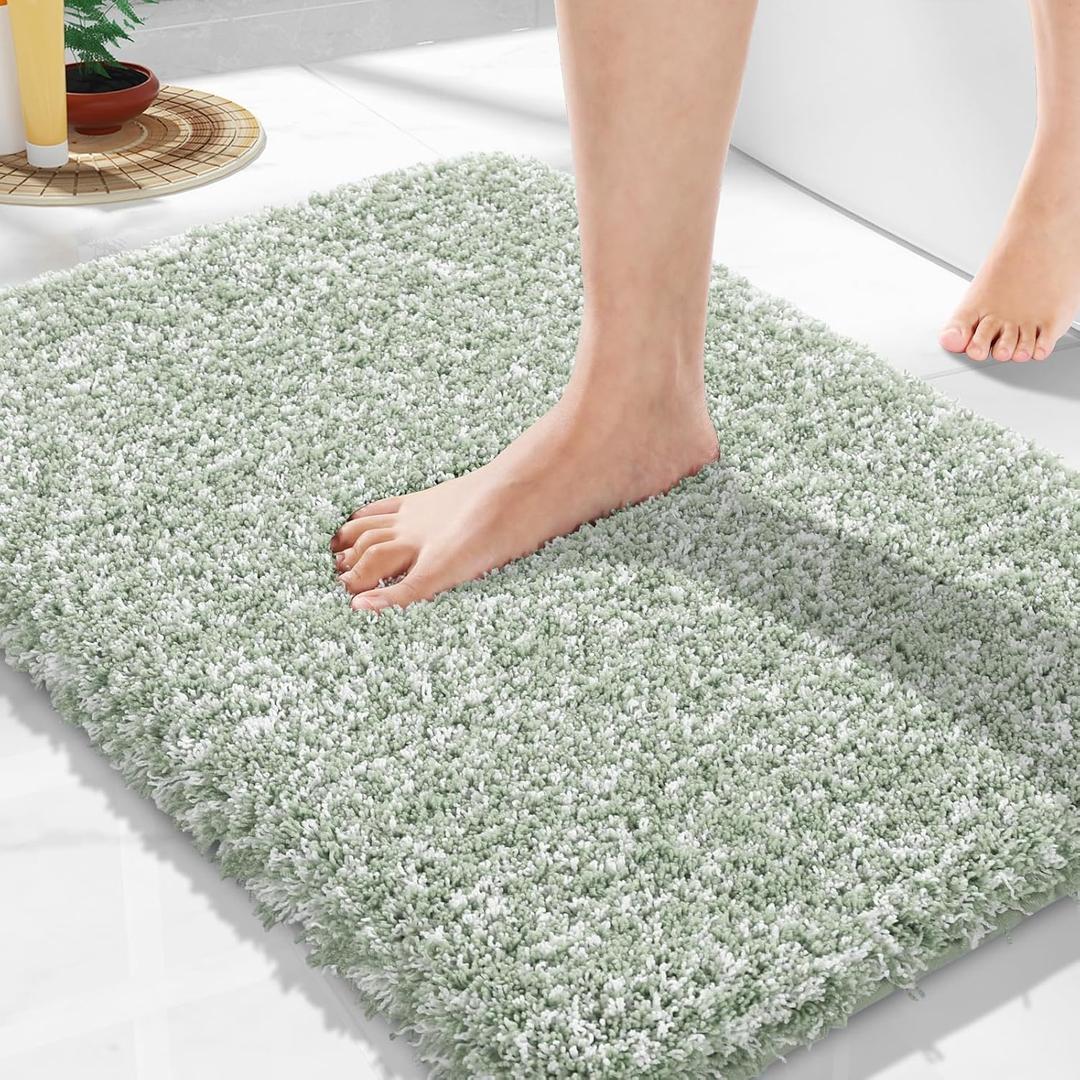 Yimobra Bathroom Rugs for Home Essentials, Non Slip Washable Bath Mat, Soft Water Absorbent Plush Shower Rug for Bathroom Floor, Bath Decor Accessories, 24X17, Light Green White