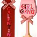 Thyle 2 Pcs Wood Galentines Day Table Decorations for Party 6 x 2 x 1.2 Inch Happy Galentines Centerpiece Bow Wine Glass Girl Gang Bottle Shaped Signs Tiered Tray Decor Photo Prop for Ladies Friends