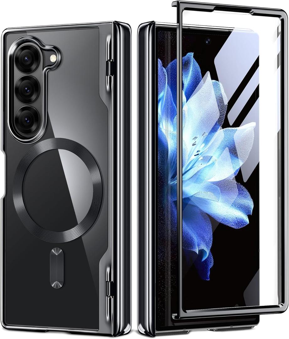 BERFY Upgraded Magnetic for Z Fold 6 Case, Compatible with Magsafe,[Built-in Screen Protector & Hinge Protection]Full-Body Plating Slim Shockproof Phone Case for Samsung Galaxy Z Fold 6 5g 2024, Black
