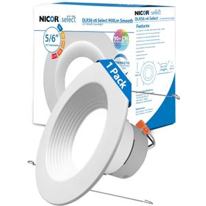Recessed Ceiling Lights LED Downlight - 5/6 inch LED Recessed Light Fixtures - Selectable CCT 2700K-5000K, 918 Lumens, 10.3W - DLR56 Retrofit Ceiling Light, White Baffle, 1-Pk by NICOR Lighting