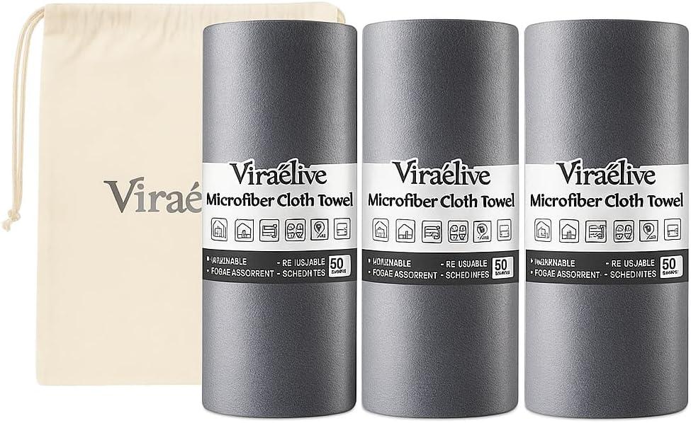 Microfiber Cleaning Cloth Rolls, 150 Tear-Away Sheets, Reusable & Washable, Lint-Free, Non-Scratch, Highly Absorbent Towel with Laundry Bag for Kitchen, Home, Car & Windows, Grey, 12 x 12 In, 150 pack