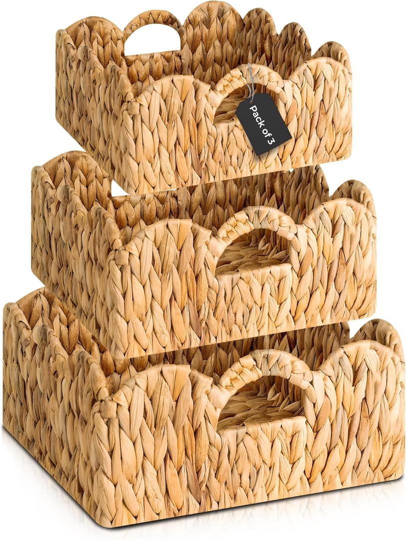 Elegant Scalloped Wicker Basket Set with Handles - Set of 3 | Handwoven Water Hyacinth Baskets for Nursery, Bathroom, Living Room Decor, Scalloped Edge Basket Shelf Decorative (Water Hyacinth)
