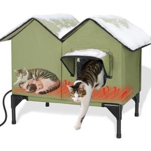Heated Cat House for Outside Winter, Large Heated Outdoor Cat House Weatherproof, Elevated Bed, Escape Door, Insulated Outdoor Cat Shelter with Heater for Multiple Cats, Feral Stray Kitty, Easy Setup