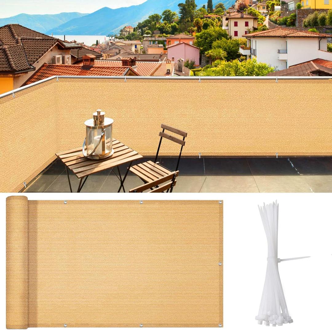 iCover 3.3x19.5ft Balcony Privacy Screen Fence, UV-Resistant Railing Fencing Cover for Porch Deck Patio Garden Backyard, Cable Zip Ties Included, Sand