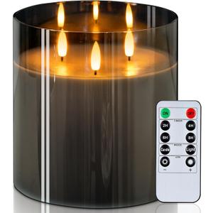 Homemory 6X6'' Extra Large Flameless Candle with 3 Wicks, Glass LED Pillar Candle, Real Wax Battery Operated Candle with Remote Control and Timer, Grey