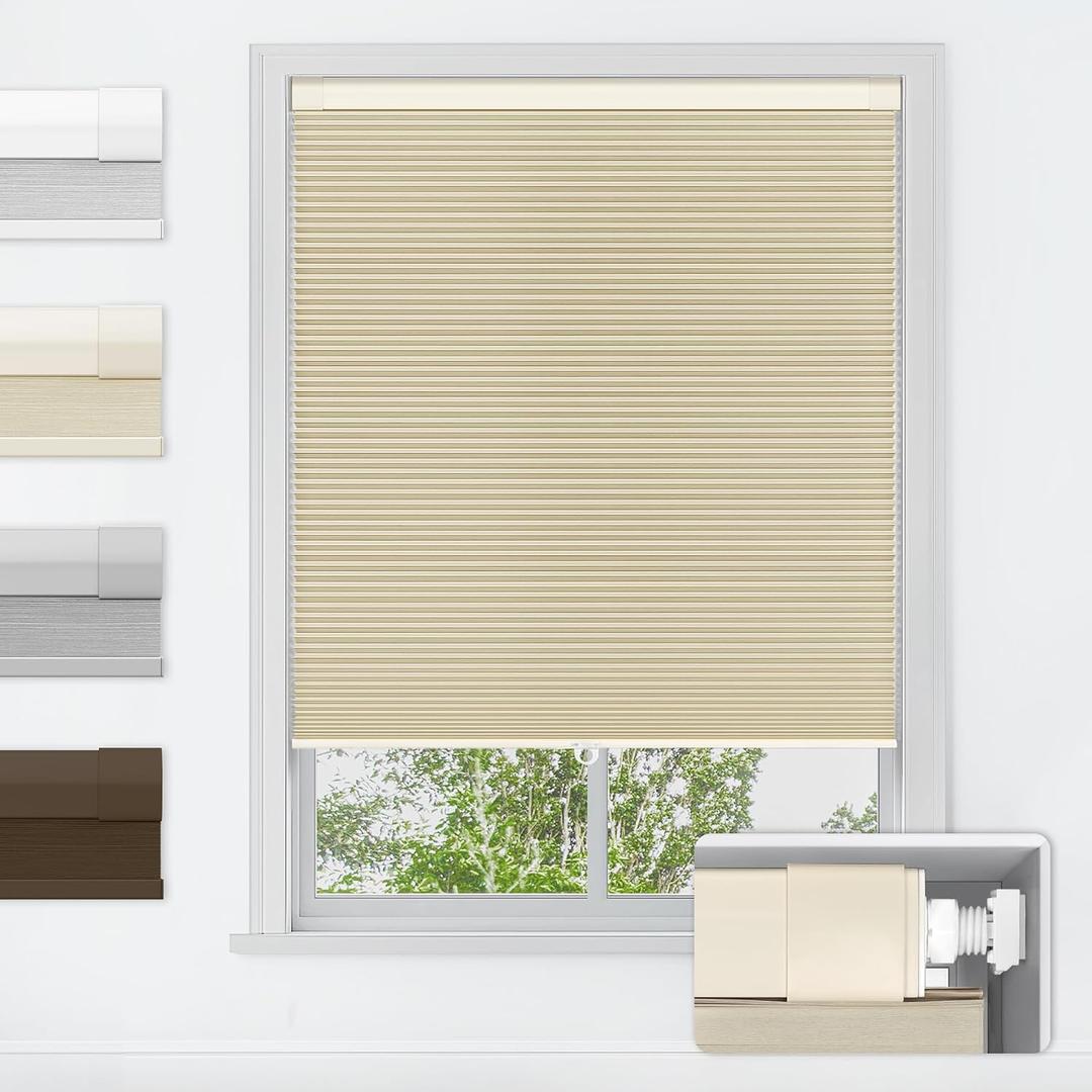 LazBlinds No Tools No Drill Cordless Cellular Shades, Blackout Light Blocking Honeycomb Shades for Home, Thermal Insulation Blinds for Windows, 29" W x 64" H, Beige